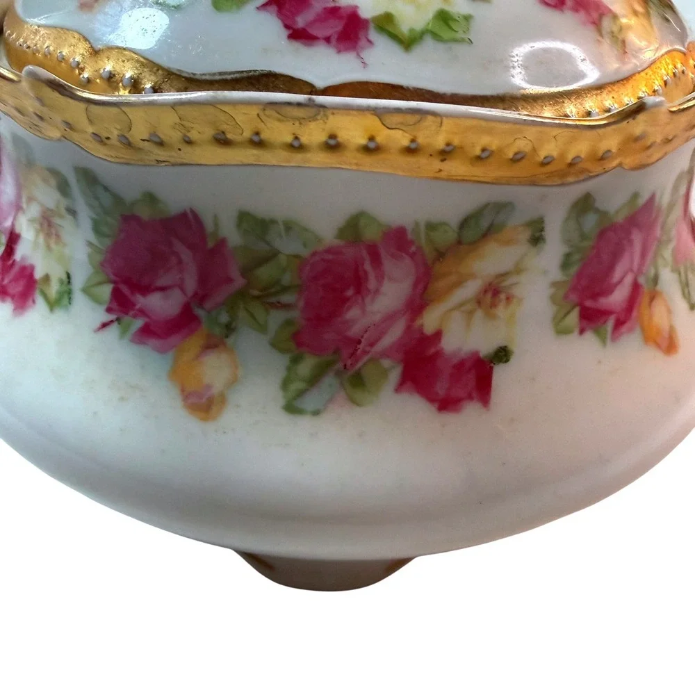 PK Silesia Sugar Bowl Antique Porcelain Pink Roses Cottagecore Victorian
